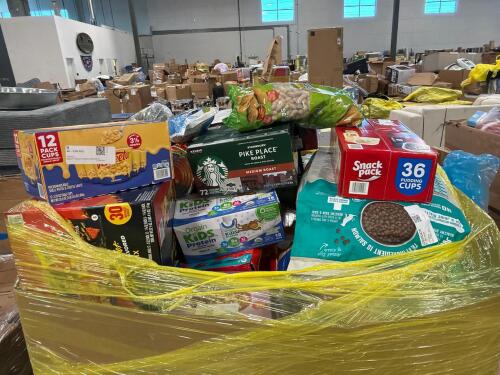 Big box store in a box including but not limited to flamin Hot Cheetos, Velveeta cheese, cherries, dog food, V8 juice, soy sauce, David sunflower seeds, seasonings, Peanuts, and more