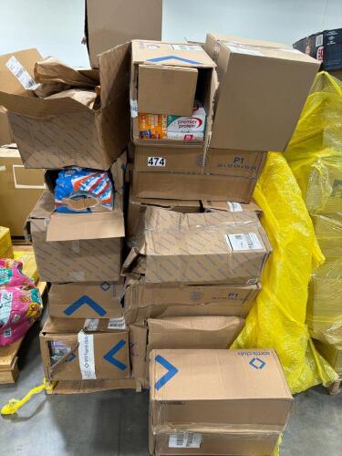 Big box store in boxes: toilet paper, quest crackers, premier protein, sports drink, game, pet food Fisker, garbage bags, cups, soap, iced tea, & More