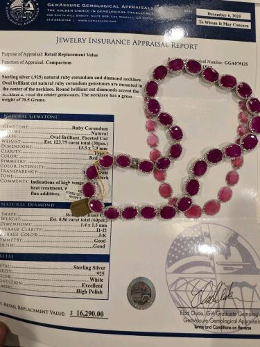 sterling silver ruby and diamond necklace 123 cts ruby .86 cts diamond