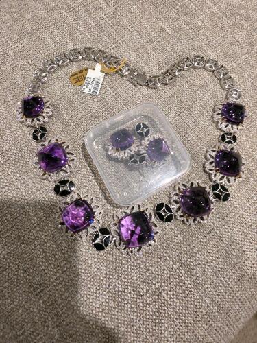amethyst and diamond sterling silver necklace, 239 carat total of amethyst with matching earrings