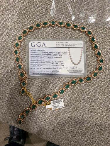 emerald and diamond sterling silver with gold over a necklace, 26 carats of emerald, 2.59 carats of diamonds