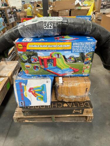 double slide water. fun parts, Delta children, four chair and table set, artificial turf and more