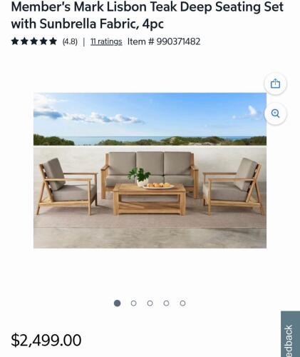Members March lips and four-piece teak deep seating set with patio cover