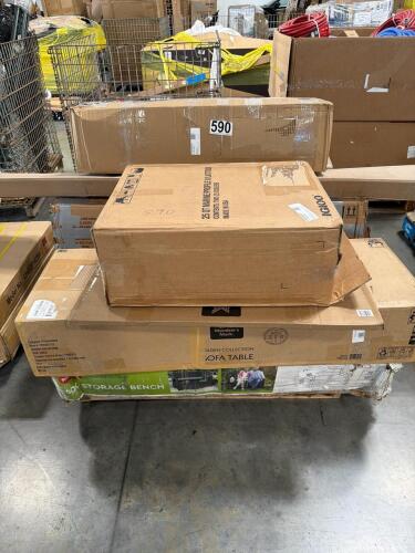 Holden collection sofa table, keter storage bench, 25 quart Marine igloo, Deco elevated garden bed, and more