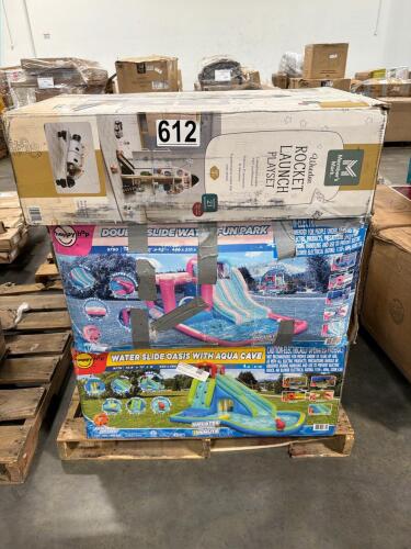p customer return water slides, rocket launch playset, Taco Truck ride on, supermarket playset, Pampers diapers, pre-lit two-piece animated skeleton decor