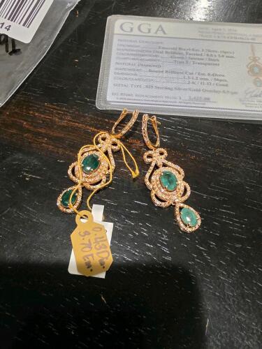 emerald and diamond sterling silver earrings