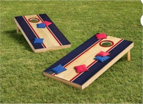 cornhole set with LED lights, customer return crib and electric ride on and storage tubs