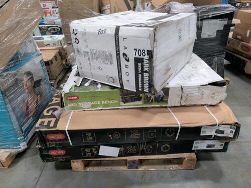 LAZBOY office chair, KETER storage bench, multiple wood deck boxes