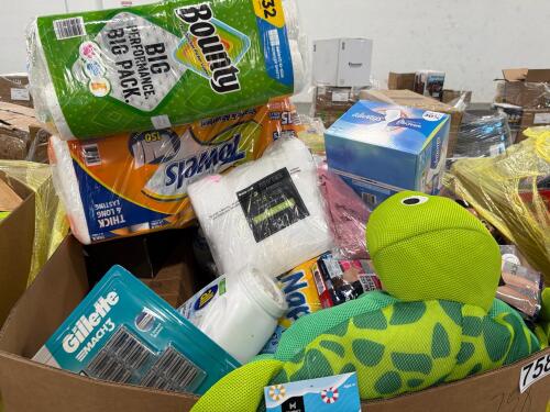 Big box store in a box: bounty, always , turtle, towels, Gillette, mouthwash, all, fabuluso, GAIN, cups, shoes, towels, and much more