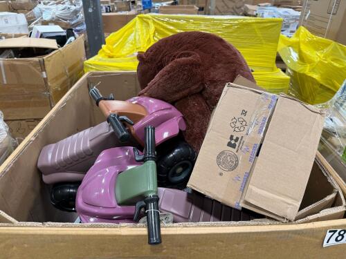 Kids ride on cars, shelving, home decor, twister, plushy bear, chair, gloves, crossword puzzle, & More