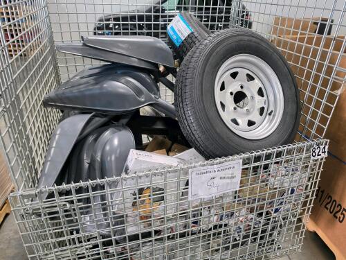 industrial and automotive items, coal style. trailer tires, brake disc, 8x8 post bases, premium performance battery, black case, plastic sheeting, and more