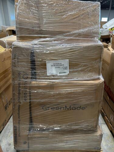 Green maid totes, trampoline pad box 2/2 only, floating water pad, rolled material, signage, shelving, & More