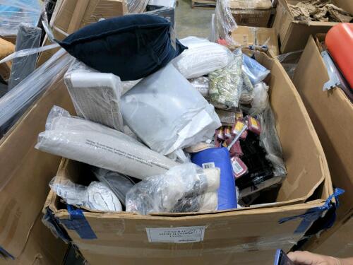Pillows, storage shelf?, Sheets, dog treat pouches, yarn, curtains, meat mallet and more