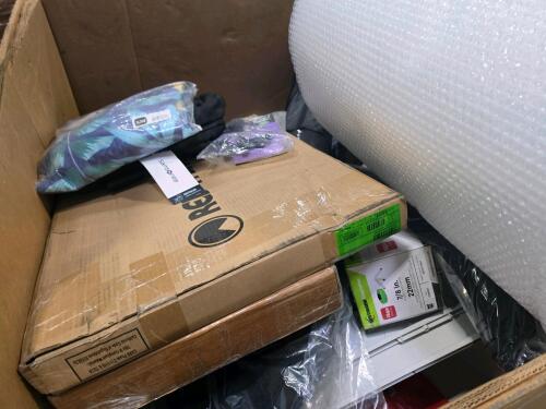 Samsonite backpack, changing poncho, universal adapter, pillow, fire blanket, pet box, plastic cap staples, backpack, bubble wrap, & More