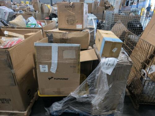 Box of hats, inverter generator, welded wire fence, laundry bag, chair, swimming pool,
