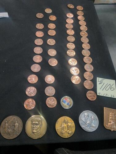 45 copper coins, and misc medals