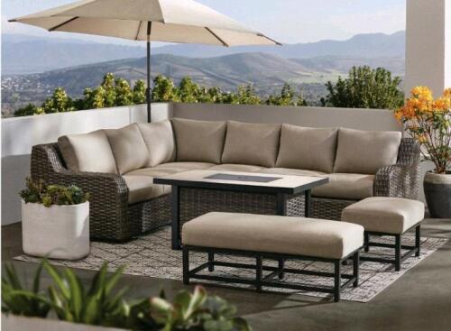 Athena collection seven piece deep seating set, with fire pit