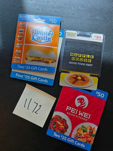pei wei, salt grass, waffle House and white Castle gift cards