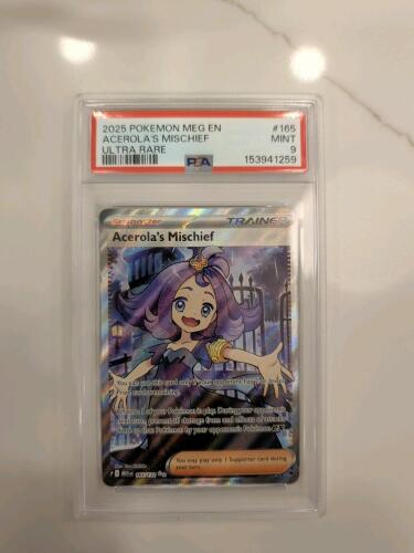2025 Pok&eacute;mon Mega Evolution "Acerola's Mischief" (#165/132) Ultra Rare Full Art Trainer card, graded PSA 9 Mint