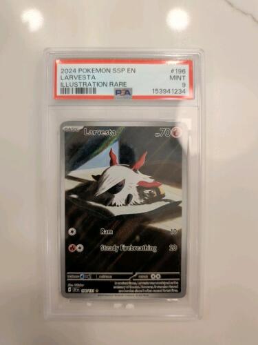 2024 Pok&eacute;mon Surging Sparks Larvesta Illustration Rare (#196/191) card in a PSA 9 Mint slab.