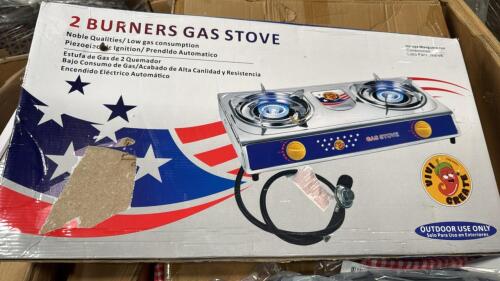 2 burner gas stove, red camp sleeping bag, grid wall panels, and more