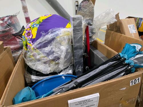 Shovel, wheelbarrow piece, large weight, pop-up style canopy, beanbag chair, screen, rake, American flag, & More