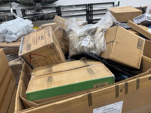 Over bed table, plates, first, exam gloves, cups, and more