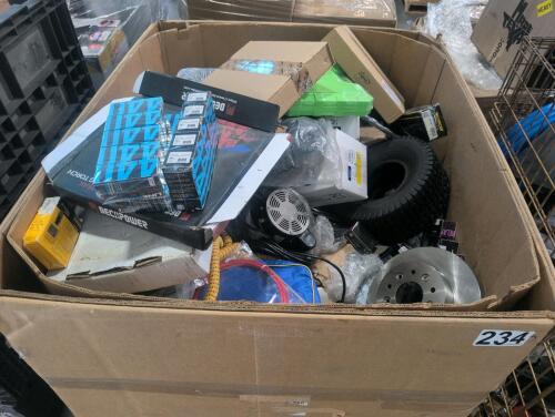Industrial/automotive, fluke proving unit, car parts, torch, tire, fan relays, brake rotors, SUPCO, metallic dry box, brake rotor, hose, and Mower
