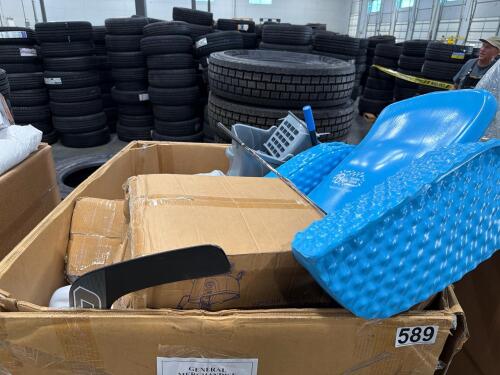 Float chair, Mop bucket, hockey stick, paper rolls, and more
