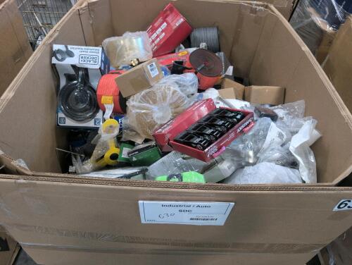 Industrial and automotive items, BOUVILL 50-piece tooling, winch-style cabling, brake discs, Husky 12-foot by 1-inch ratchet tie-downs, Razor Silver Streak cabling, red straps, shower head, braided stainless steel laboratory connectors, knot bones, insula
