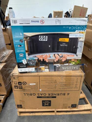 SALUSPA Corsica spa, four burner gas grill, dining chairs missing box 1/2