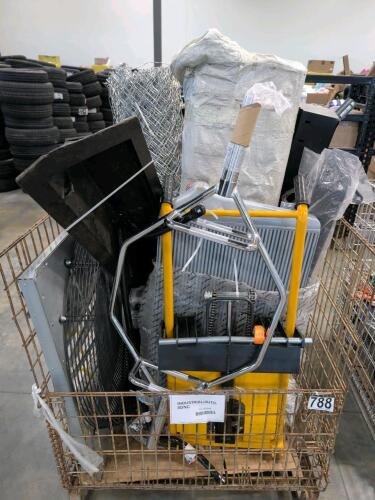 Weight bar, large fan, chain-link fence, ego trimmer, lockbox, and
