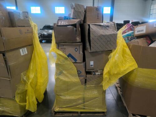 Big box store in boxes: rice crispy treats, skinny pop, quest chips, bath tissue, diapers, detergent, wipes and more