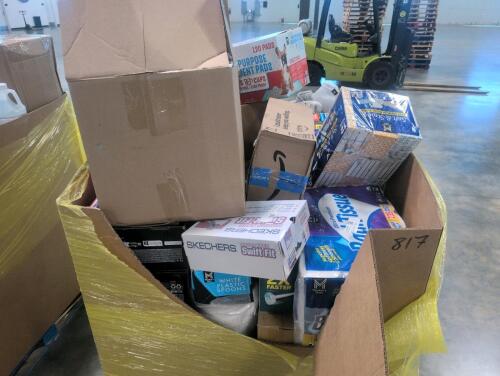 Big box store in a box: spoons, absorb pads, hefty garbage bags, rug, shaving blades, paper towels, Kleenex, clothing, hoodies, kids toys, and much more