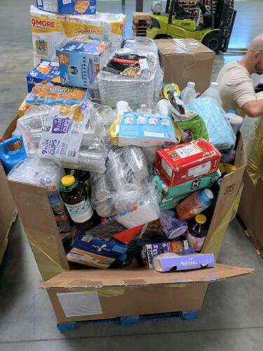Big box store in a box food and household items: Aveeno, Bob's, fish oil, protein, fiber well, coffee, dog treats, pledge, Dan soap, bowls, got toilet paper, air fryer, Mac and cheese, Fritos, Phillips coffee maker, wipes, maple syrup, detergent, Sonny D,