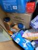 Big box store in a box food and household items: Aveeno, Bob's, fish oil, protein, fiber well, coffee, dog treats, pledge, Dan soap, bowls, got toilet paper, air fryer, Mac and cheese, Fritos, Phillips coffee maker, wipes, maple syrup, detergent, Sonny D, - 12