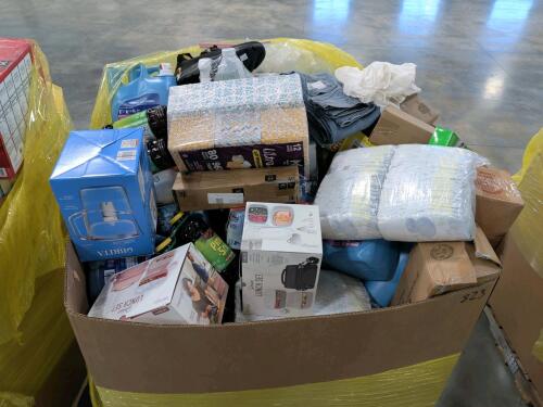 Big box store in a box food and household and clothing: protein, coffee meat, Pine-Sol, Campbell Soup, protein, Garbage bags, seasoning, goldfish, detergent, zip fizz, gain, fruit cocktail, Steve Madden, Febreze, lids, applesauce, Chick-fil-A sauce, zip f