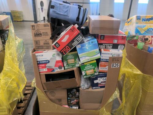 Big box store in the box: Maxwell house coffee, marathon towels, food trays, Green Mountain coffee, food boats, backpack, detergent, ibuprofen, Folgers coffee, Downey light, paper plates, fudge brownie mix, & More