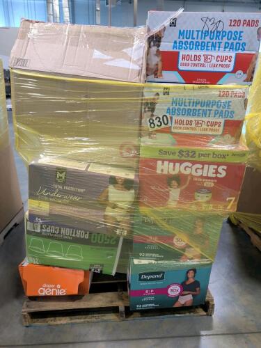 Portion cups, diaper genie , depends , pads, Huggies, stoneware, stool and more