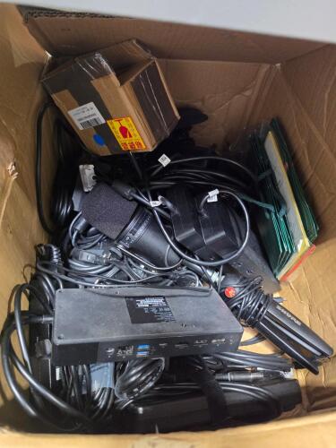 box of electronics, Dell docks, shure equipment and more