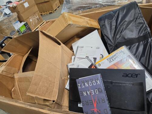 Books, round box Wood, pound pack, atomic habits book, wait, piece of wood, Acer monitor out of box, plastic roll & More