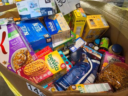Big box store in a box: skinny pop, dots pretzels, Velveeta, pretzels, pistachios, croutons, carnation breakfast, Cape Cod chips, raisin bran, candy bars, mac & cheese, and much more