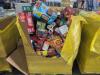 Big box store in a box: pretzels, fruity pebbles, diced tomatoes, noodles, wafers, tuna, beef sticks, pistachios, Snyder's pretzels, splendid, bags of candy, fruit snacks, beans, honey bunches of oats, ravioli, Ritz snacks, syrup, and more