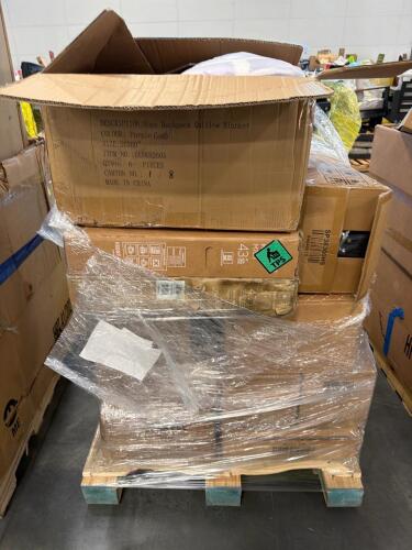 Blankets, SAATVA bedding, golf bag, Evenflo highchair, two Toshiba 43 inch TVs, desk chair, Garvee products, and more