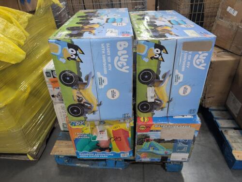 Multiple Bluey ride on cars, waterslide oasis, H2O go, kitchen island for kids