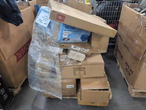 Metal closet, pool cover, misc furniture, poly bags, and more