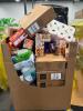 Big box store a box, ROTEL, dental treats for dogs, great, barbecue sauce, cups, Chex mix unit butter chocolate bars, dog food, crackers, pre-lit 6 foot oversize spider, ALL, & More