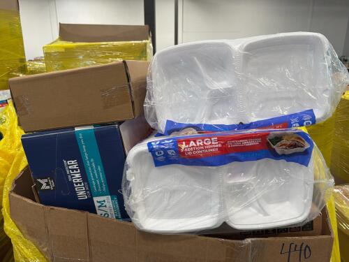 Big box store in a box: underwear, food container, blanket, cocoa puffs, scrub daddy, and much more