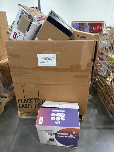 Electronics: zebra printer, toast, LCC P Lex Mark, Phillips barISTINA, monitor screen, ninja blender, smart sprinkler, print cartridge and more
