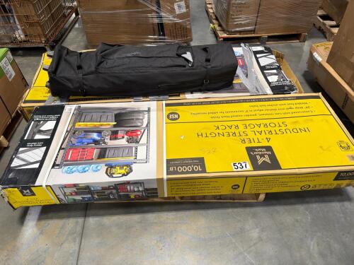 Used canopy, two packs of shelving possible open box